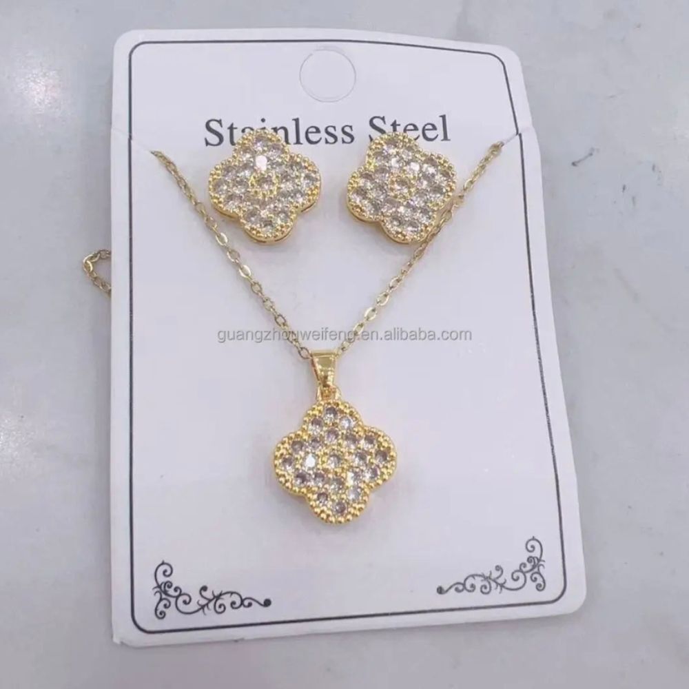 Diamond Gold Clover Necklace + Earrings Set